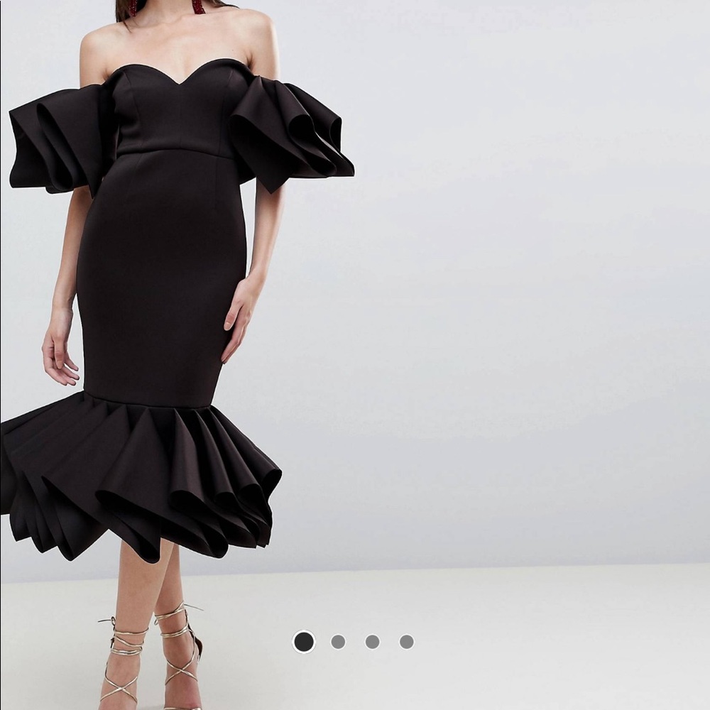 ASOS Black Off-Shoulder Ruffle Midi Dress